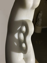 Laden Sie das Bild in den Galerie-Viewer, Marble sculpture of a diving figure with a shadow caused by a contemporary water bubble splash design, showing the holes in the stone carving by Vasily Fedorouk. 
