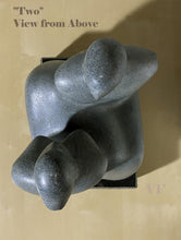 Load image into Gallery viewer, Abstract sculpture titled &#39;Two&#39; from above on a beige background. also shows more clearly which direction each face is turning in this couple sculpture about relationship dynamics.
