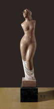 Laden Sie das Bild in den Galerie-Viewer, Stone sculpture of a standing nude figure of Venus with no arms on a dark brown background. art by Ukrainian-American sculptor Vasily Fedorouk.
