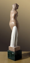 Laden Sie das Bild in den Galerie-Viewer, Statue of a draped figure of Venus on a dark green base against a brown background. Sculpture is carved from Portuguese Rose Marble.
