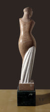 Laden Sie das Bild in den Galerie-Viewer, Statue of a draped figure on a dark brown background, back view of female Venus figure carved in a rose-colored marble by Vasily Fedorouk.
