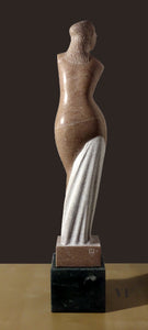 Statue of a draped figure on a dark brown background, back view of female Venus figure carved in a rose-colored marble by Vasily Fedorouk.