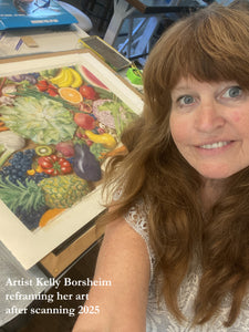 Woman artist with a painting of fruits and vegetables in an art studio.