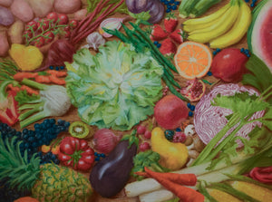Assorted fruits and vegetables arranged together on a table.  wall art fine art print of pastel drawing