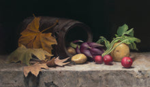 Laden Sie das Bild in den Galerie-Viewer, A still life painting of a dark wooden barrel tipped over on a stone surface, with radishes, potatoes, green leaves, and autumn leaves against a dark background.
