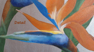 Detail of the bird of paradise flowers to show the metallic blue paint in parts, as well as the silver metallic background on canvas.