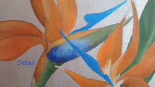 Charger l&#39;image dans la galerie, Another close up image of the colorful painting, including metallic paints of the diptych of Birds of Paradise tropical flowers.  Acrylic on canvas paintings by artist Kelly Borsheim
