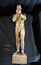 Laden Sie das Bild in den Galerie-Viewer, Front view of bronze figure standing male nude with hands over his face.  orders only
