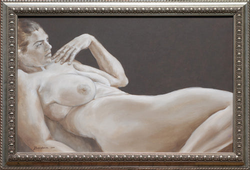 Full painting of reclining nude live model, Holly, in a classic design solid wood frame with silver finish by Kelly Borsheim