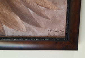Detail of the frame with the black inner carved decoration.  Note also the signatures... and the metallic paints that are added to parts of Icarus' wings in this fine art print by Kelly Borsheim