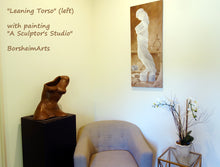 Load image into Gallery viewer, Leaning Torso shown in this music / living room with the painting &quot;A Sculptor&#39;s studio&quot; hanging on the facing wall.  Both artworks by Kelly Borsheim
