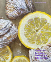 Load image into Gallery viewer, detail of lemon slices and breakfast pastries to show how lavender color had been painted in flecks into the yellow fruit, artwork by artist Kelly Borsheim 
