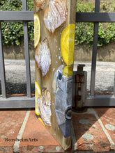 Load image into Gallery viewer, showing detail of lower right side of tall food painting to show how the Moka coffee maker is painted on the side of the gallery-wrapped canvas as well.  
