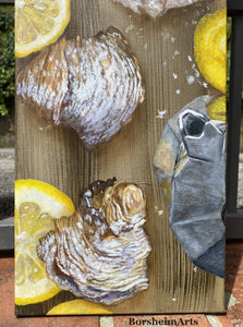 Detail image of food painting of Moka coffee maker with Italian lemon cream pastries sfogliatelle, artwork by Kelly Borsheim