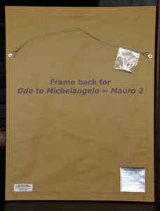 image of the back side of the frame... closed with acid-free paper to protect from dust, wire hanger, and information about the glass.