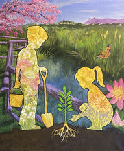 Laden Sie das Bild in den Galerie-Viewer, Artistic depiction of children (a boy and a girl) planting a young tree, gardening with flowers and plants in a garden setting.
