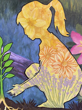 Laden Sie das Bild in den Galerie-Viewer, Artistic depiction of a female floral silhouette squatting among plants and flowers and a lake (detail of acrylic painting by Kelly Borsheim)
