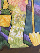 Laden Sie das Bild in den Galerie-Viewer, Artistic depiction of a garden scene with a bee, flowers and tools, acrylic painting detail
