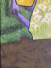 Laden Sie das Bild in den Galerie-Viewer, Artistic signature in lower left of the painting (detail shown here) showing a purple fence section and calla lilies white flowers.
