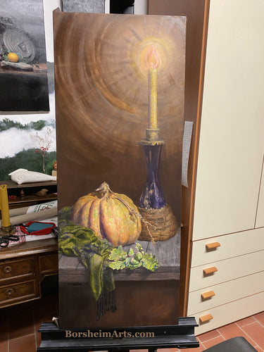 Tall narrow oil painting of round pumpkin with cluster of acorns and leaves with green scarf.  An antique hourglass candle holder has a fat stalked beeswax candle with large flame in upper left corner. Scarf dangles tassel in foreground off of wood shelf. Original Painting by Kelly Borsheim