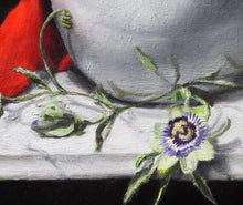 將圖片載入圖庫檢視器 Close-up of a painted passion flower with a red cloth detail left, and detail of the painted white marble slab with grey veins, and the brush texture of the round white porcelain vase.  Oil painting detail of still life painting by Kelly Borsheim
