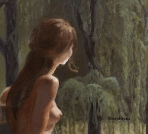 Detail of female figure study (painting) in a forest of weeping willow trees setting with 'Borsheim' copyright branding.