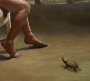 Naked person's seated legs with a small turtle on a sandy surface looking up at them.  Painting DETAIL