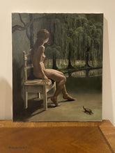 Load image into Gallery viewer, Nude figure sitting on a chair in a forest setting with a turtle nearby.  Painting is sitting on top of a warm wooden dresser.
