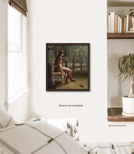 Framed artwork of a nude figure in a forest setting on a wall above a bed.