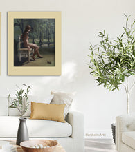 Load image into Gallery viewer, Living room with framed artwork on the wall, white sofa, and decorative olive tree plants.
