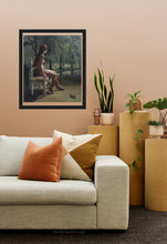 Load image into Gallery viewer, Living room with a couch, decorative pillows, and a framed painting on the wall.
