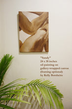 Laden Sie das Bild in den Galerie-Viewer, Painting of a seated person with arms crossed over knee hanging on a wall with text about the artwork by Kelly Borsheim.
