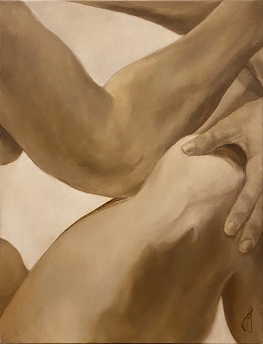Monochromatic Artistic depiction of a seated female figure sketch with hands on a beige background