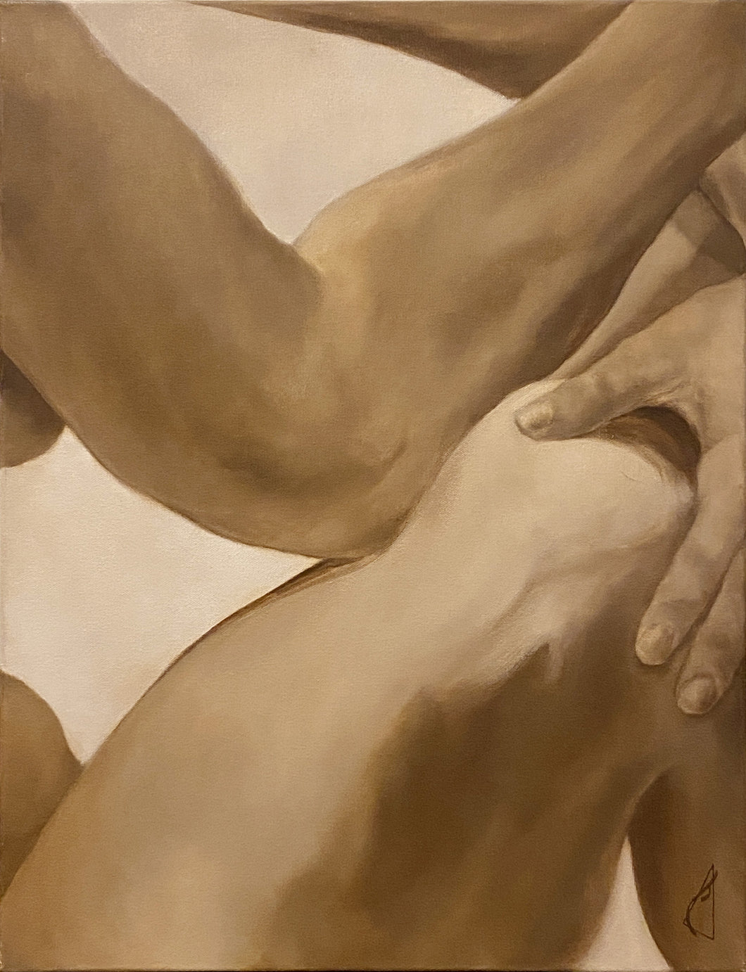 Monochromatic Artistic depiction of a seated female figure sketch with hands on a beige background