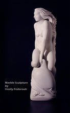 將圖片載入圖庫檢視器 Front view of Marble sculpture of a nude female figure riding a dolphin by Vasily Fedorouk on a black background
