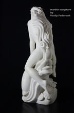 將圖片載入圖庫檢視器 White marble sculpture of a seated figure on a dolphin by Vasily Fedorouk on a black background
