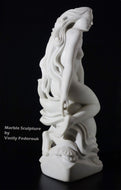 Marble sculpture of a nude figure over shapes inspired by the ocean by Vasily Fedorouk on a black background.