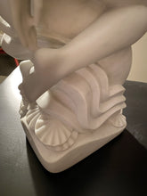 將圖片載入圖庫檢視器 White marble sculpture detail of a woman riding a dolphin on a dark surface.  You may see the sea shells and nautical animal shapes under the foot.
