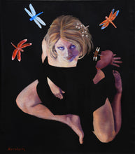 Laden Sie das Bild in den Galerie-Viewer, A surreal figurative painting of a woman in a black dress with dragonflies around her on a black background. The woman has blonde hair, blue eyes, and pale skin, with one hand near her face and another near her leg.
