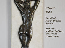 Laden Sie das Bild in den Galerie-Viewer, Detail shot of Ten #21 that has a rare silvery bronze patina.  She is paired with a whiter, lighter travertine stone than the typical creamier color.  Enjoy this detail image of the woman&#39;s back bas-relief sculpture by Kelly Borsheim
