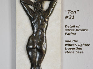 Detail shot of Ten #21 that has a rare silvery bronze patina.  She is paired with a whiter, lighter travertine stone than the typical creamier color.  Enjoy this detail image of the woman's back bas-relief sculpture by Kelly Borsheim
