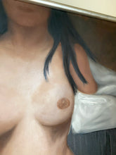 Laden Sie das Bild in den Galerie-Viewer, A close-up photograph of a painted artwork depicting a nude woman's upper torso with dark hair, exposed breast, and a white garment on the right side.
