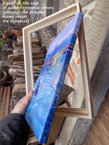 Artist holds painting outside of the frame o show her signature on the right side of the painted canvas.  Artwork may be hung framed or unframed.