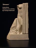 Limestone sculpture titled 'Shower' of standing female figure by Vasily Fedorouk with dimensions and a measuring tape for scale.