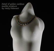 Load image into Gallery viewer, Detail to show the gold and green stone necklace added to the abstract marble statue of a woman&#39;s body.  See the shimmer in the beautiful white marble? Art by Vasily Fedorouk.
