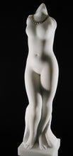 Carica l&#39;immagine nel visualizzatore di Gallery, A vertical white marble statue of the body and legs of a female figure.  No head or arms, but beautiful.  Good and a greenish-turquoise stone was added to the marble as a necklace around the woman.  Mixed media sculpture of marble with gold by the late Ukrainian-American artist Vasily Fedorouk
