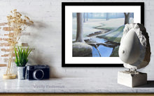將圖片載入圖庫檢視器 Framed artwork of a landscape with trees and water on a white wall, with a limestone tabletop sculpture of a female breast.  Both artworks made by Vasily Fedorouk.
