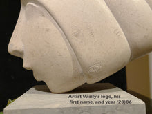Laden Sie das Bild in den Galerie-Viewer, Stone sculpture of a face in profile with 'Artist Vasily's logo' and '2006' on a black background
