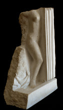 Cargar imagen en el visor de la galería, Stone sculpture of a nude figure with draped fabric emerging from shower on a black background, art by Vasily Fedorouk
