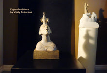 Carica l'immagine nel visualizzatore di Gallery, Figure sculpture by Vasily Fedorouk on a black pedestal with a dark background with another horse sculpture (in stone) in background right.

